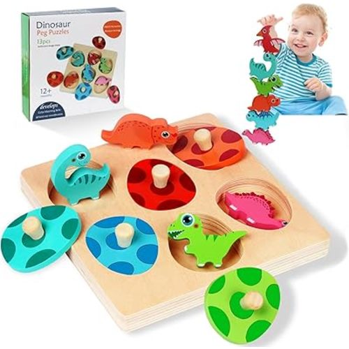 Wooden Puzzles for Toddlers 1-3 2-4, Montessori Baby Dinosaur Toys for 1 2 3 Year Old Boy Girl Christmas Birthday Baby Easter Basket Stuffers Gifts,Match Eggs Peg Puzzles Preschool Learning Toys
