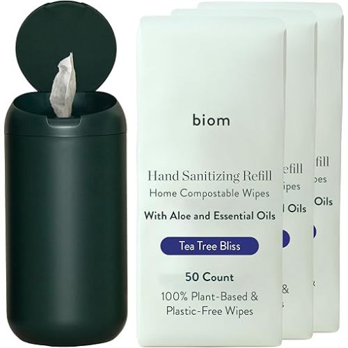 Dispenser + Hand Sanitizing Wipes Starter Kit - Non-Toxic Biodegradable Kid-Safe Wipes | All Natural Plant-Based Hand Sanitizer with Aloe for Soft Skin (Hunter Green)