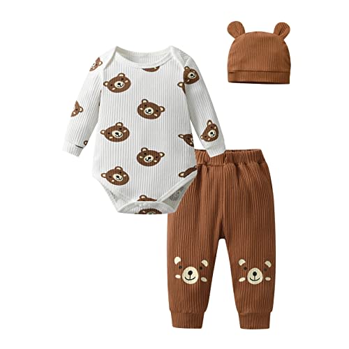 Siracend Newborn Infant Baby Boy Clothes Print Long Sleeve Bodysuit + Pants + Hat 3 PCS Outfits Set