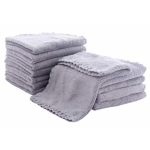 Spotted Play Soft 12 Pack Baby Washcloths - Extra Absorbent Wash Clothes for Newborns, Infants and Toddlers - Suitable for Baby Skin and New Born - Microfiber Coral Fleece 12x12 Inches (Grey)