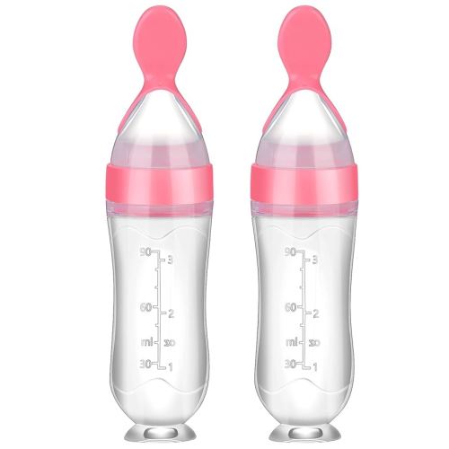 Nuanchu 2 Pieces Baby Spoon Feeder Squeeze Food Toddler Baby Food Dispensing Spoon Suction Cup Design Essential Feeder for Toddlers Boys Girl(Pink)