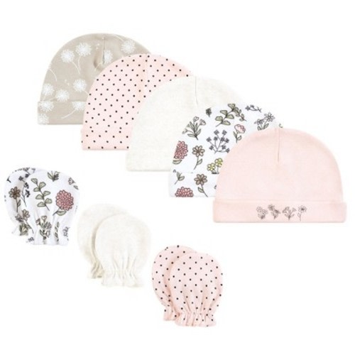 Hudson Baby Infant Girl Cotton Cap and Scratch Mitten Set, Dandelion Wish, 0-6 Months