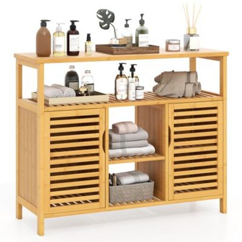 Tangkula Bamboo Bathroom Cabinet 2-Door Storage Organizer w/ Shelves for Living Room