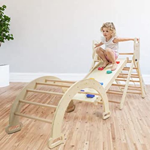 BABY K Pikler Triangle Montessori Climber (5 in 1) - Pikler Triangle with Climbing Rock Wall, Slide, Arch & Net - Foldable Wooden Climbing Set for Toddler Climbers Suitable for Outdoor & Indoor Gym