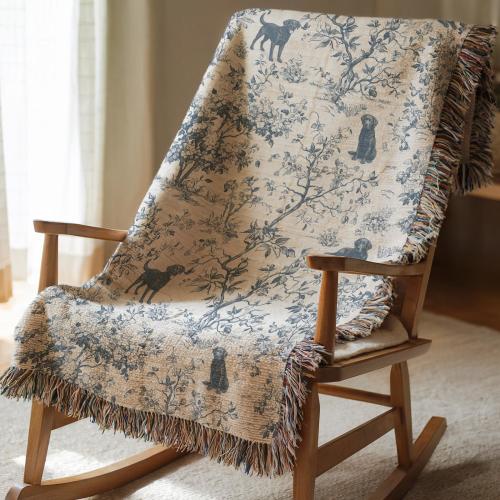 Black Labrador Retriever Throw Blanket Botanical Toile De Jouy Woven Tapestry French Country Decor Heirloom Home Gift for Pet Lover