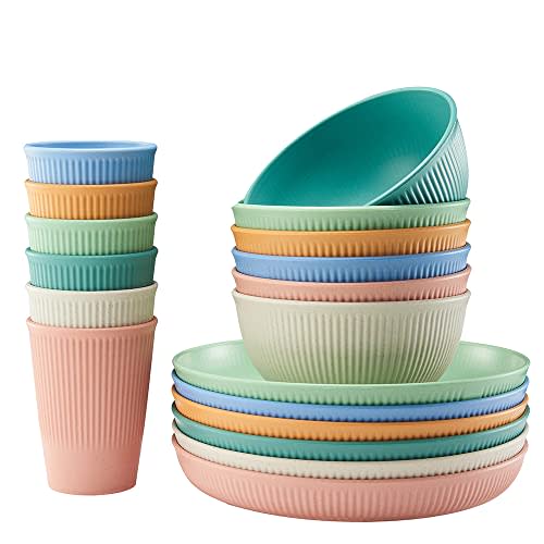 18pcs Wheat Straw Dinnerware Sets, HXYPN Unbreakable Reusable Dinnerware Set Kitchen Cups Plates and Bowls Sets Dishwasher Microwave Safe Plates