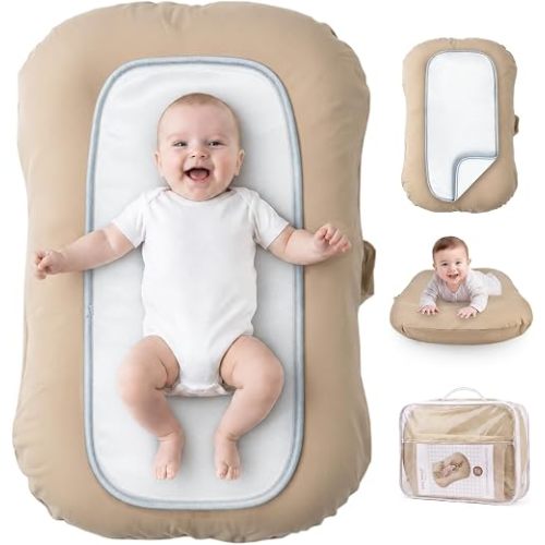 Mielcora Baby Lounger for Newborn - Infant Lounger 0-24 Months, Soft Breathable Cotton, Perfect for Tummy Time, Portable Baby Nest Pillow for Home & Travel (Light Camel, Cover & Pad Included)