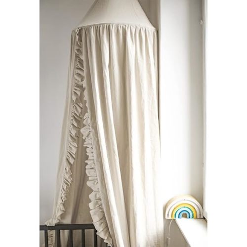 Bed Canopy with Frills Reading Nook Game Tent for Kids Boho Hanging Net Play Room Decor(Beige)