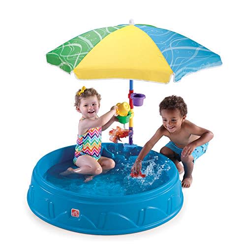 Step2 Play & Shade Pool, Kids Activity Pool with Umbrella, Summer Outdoor Toys, 7 Piece Toy Accessories, For Toddlers 2+ Years Old