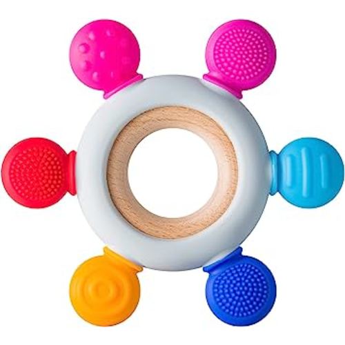 Baby Teething Toys Silicone Teethers BPA Free Silicone Rudder with Wooden Ring Soothe Babies Gums (Ocean)