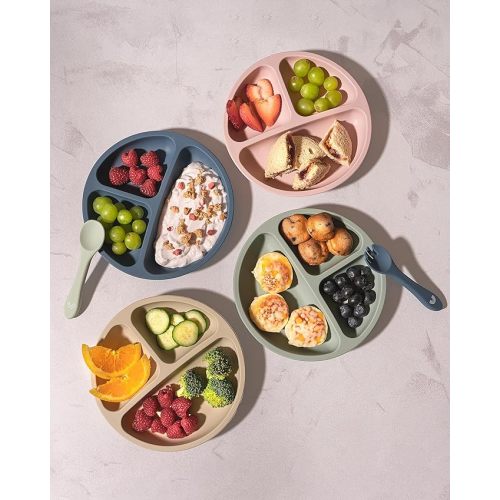 Hippypotamus Toddler Plates - Suction Plates with Lids for Baby - 100% Food-Grade Silicone - BPA Free - Dishwasher Safe - Set of 3 (Sage/Blush/Nude with LIDS) - Sage / Blush / Nude WITH LIDS