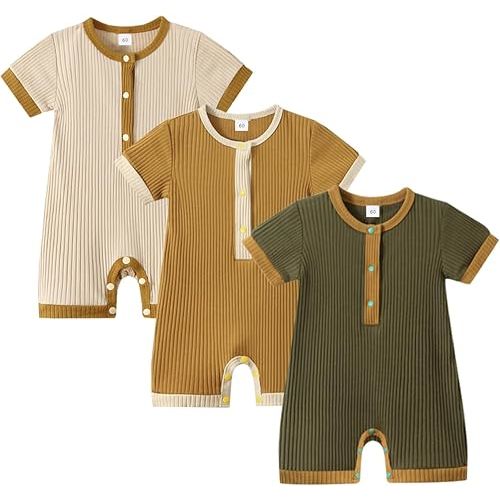 Bafeicao Baby Boy Girl 2/3 Pack Solid Romper Ribbed Short/Long Sleeve Bodysuit Jumpsuit Infant Knitted Outfits Clothes