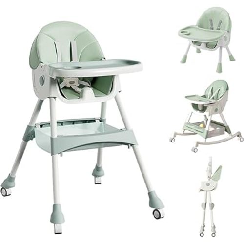 High Chairs for Babies and Toddlers, 4 in 1 Convertible Baby High Chair, Portable High Chair for Travel with Adjustable Height and Back, Foldable High Chair with Wheels& Pu Cushion (Green)