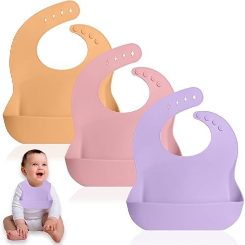Set of 3 Waterproof Silicone Baby Bibs - BPA Free Silicone Baby Bib - Flexible and Soft