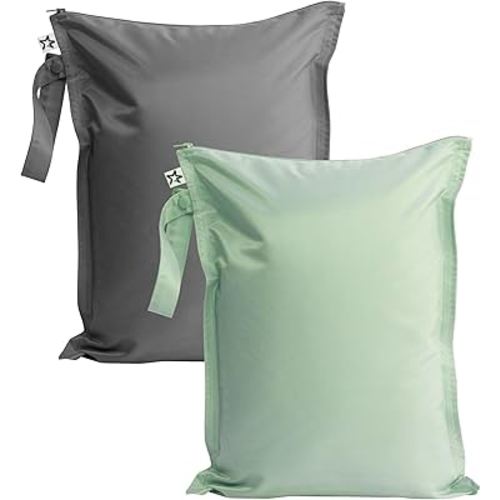 Tiny Twinkle Mess proof Waterproof Wet Dry Bag,2pk Reusable Wet Bags for Swimsuits&Baby Clothes,Leakproof Wet Bag,Waterproof Bag for Travel&Diaper bag,Wet Bags for Baby (Sage, Charcoal)