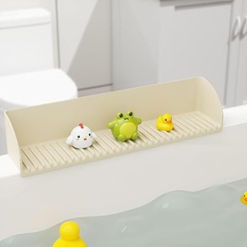 Bathtub Splash Guard for Tub - 2Pack Silicone Tub Water Splash Guard with 4 Suction Cups, Bath Toy Holder, Tub Play Shelf for Kids, Bathtub Side Splash Guard Tray, Toddler Bathroom Essentials, Beige