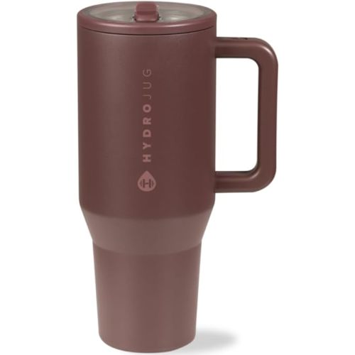 HydroJug Traveler - 32 oz Water Bottle with Handle & Flip Straw - Fits in Cup Holder, Leak Resistant Tumbler-Reusable Insulated Stainless Steel & Rubber Base - Gifts for Women & Men, Pecan