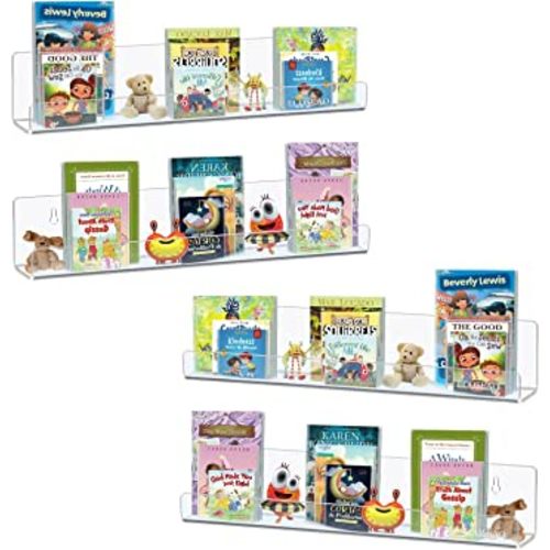 ECOSEAO Kids Floating Bookshelves, Acrylic Wall-Mounted for Small & Thin Books, Clear Invisible Wall Bookshelves Ledge Book Shelf, 5MM Thicker with Free Screwdriver (13.7inch-4Packs)