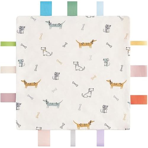 Baby Tags Security Blanket, Sensory Soothing Blanket with Tags,Dotted Backing Taggies Blanket for 3-12 Months Boys and Girls. (Dogs)