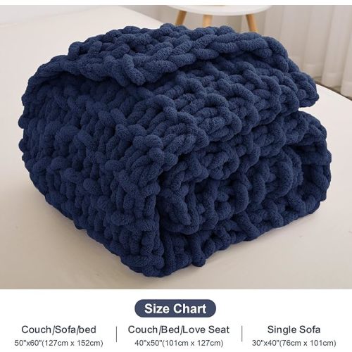 Mooreeke Chunky Knit Blanket 50"x60" Navy Blue Soft Washable Chenille Throw Blanket Cozy 100% Handmade Crochet Blankets with Jumbo Chenille Yarn for Couch Bed Sofa Room Decor