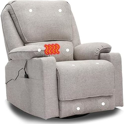 Swivel Glider Recliner Chair for Adults,Manual Recliner with Massage and Heat, Linen Cotton Fabric Ergonomic Lounge Chair with Cup Holder for Living Room, Bedroom, Nursery (Smoky Grey)