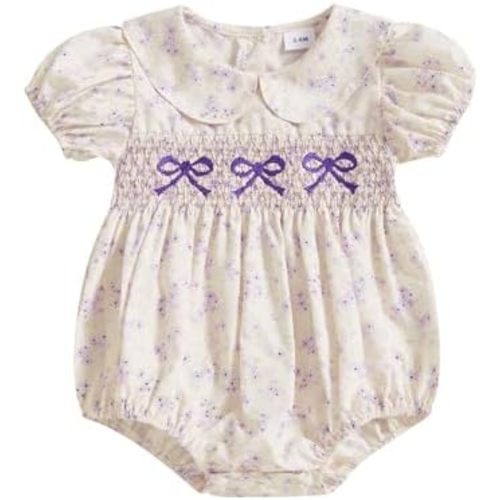 Newborn Baby Girl Romper Bow Embroidery Peter Pan Collar Short Sleeve Bubble Bodysuit Summer Clothes