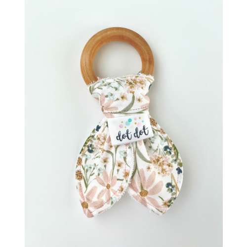 Wildflower - Baby Girl Teething Ring Toy - minky Terry Cloth Washable Maple Wood Wooden Teether pink blush mustard white daisy dreams boho