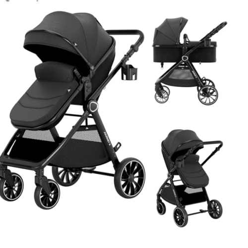 Accombe Baby Stroller, 2 in 1 Newborn Stroller Convertible Bassinet for Infant Toddler Pram with Footmuff (Black)