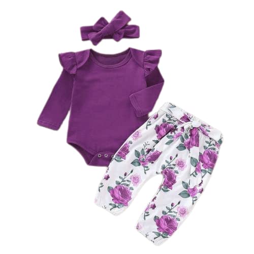 Aoswep Newborn Baby Girl Clothes, Infant Girl Outfits Long Sleeve Ruffle Romper + Floral Pants + Headband Set