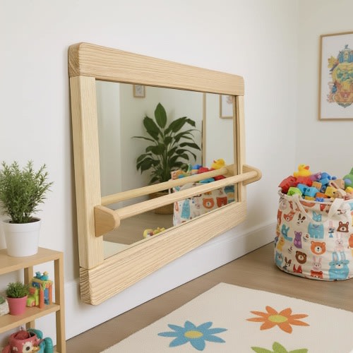 Montessori Wooden Mirror with Pull-Up Bar for Playroom, Handmade in Spain