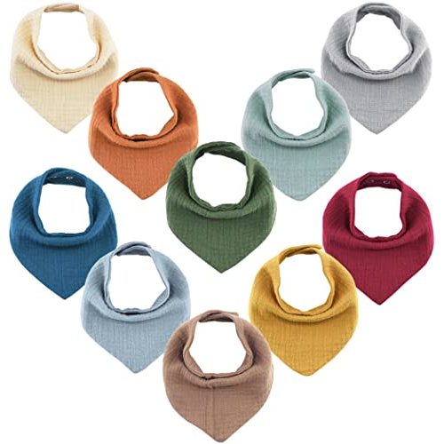 Meerdif Muslin Baby Bibs 10 Pack Baby Bandana Drool Bibs for Unisex Boys Girls, 100% Cotton 10 Solid Colors Set