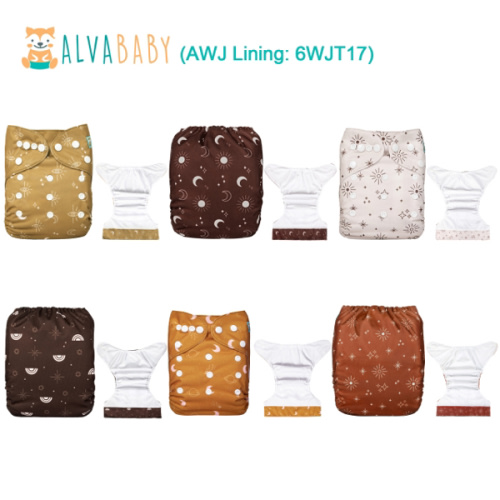 6-Pack AWJ Cloth Diapers with 6 Bamboo Inserts (4 Layers) - One Size Adjustable & Reusable Pocket Diapers for Summer