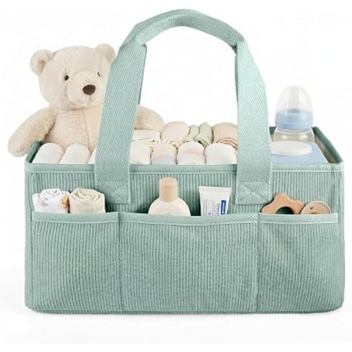 Baby Diaper Caddy Organizer with Portable Changing Mat-Portable Baby Organizers and Storage, Gift for Baby Shower, Corduroy Baby Essentials Organizer with Removable Dividers (Green)