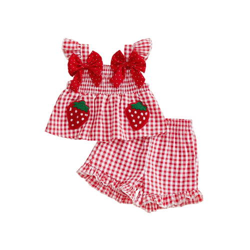 Loicainy Toddler Baby Girl Summer Outfit 6 9 12 18 24 Months 2T 3T Strawberry Embroidered Plaid Bows Ruffled Trim Tank Tops and Shorts 2 Pcs Clothes Set