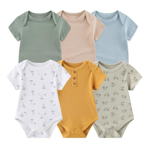 Ruliby Baby Bodysuit 6 Pack Soft Mixed Ribbed Short Sleeve Romper Infant Boy Girl Clothes Set