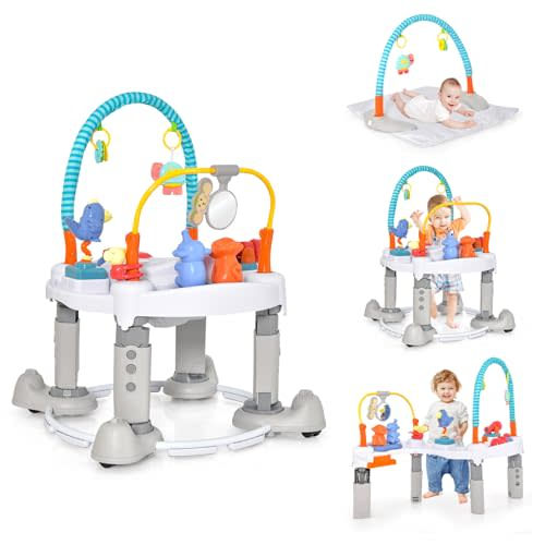 INFANS Baby Bouncer Activity Center, 5 in 1 Toddler Bouncing Activity Saucer Playtime Mat Activity Table with 360°Rotating Seat, 3 Adjustable Height, Foldable Exersaucer Learning Walker