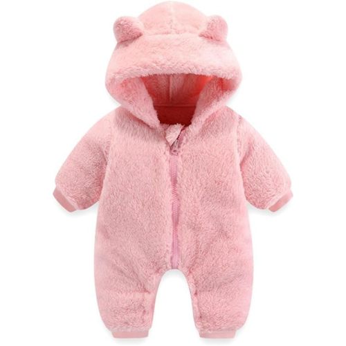 Baby Fleece Hooded Romper Winter Outwear Jumpsuit Snowsuit Bear Ear Outfits for Boys Girls - B-pink - 3-6 Months