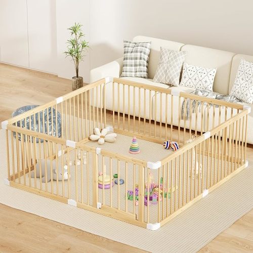 Large Wooden Baby Playpen, Adjustable Gate for Toddler and Babies, Sturdy Fence Baby Play Yard with Door, Portable Safe Play Area Kids Activity Center(71.5x60x24inches)