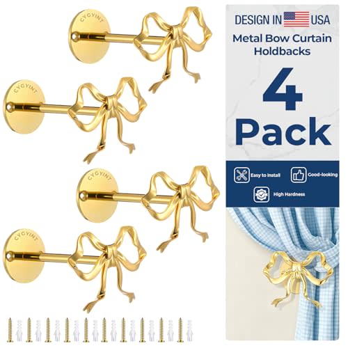 CYGYINT 4 Pack Metal Bow Curtain Holdbacks, Gold Wall Mounted Bow Curtain Holdbacks, Wall Mounted Decorative Drapery Pull Back Hooks with Screws for Living Room, Bedroom, Home Office Decor