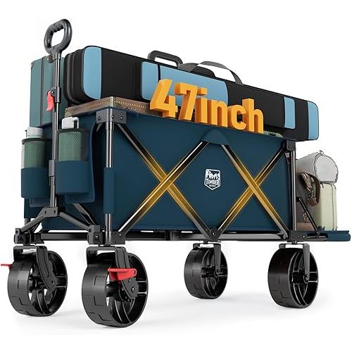TIMBER RIDGE 47" L Collapsible Wagon with Tailgate & Brake, 300lbs Heavy Duty Beach Wagon with All-Terrain Big Wheels, 250L Foldable Utility Cart for Sand Camping Sports Shopping, Blue