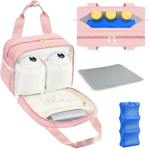 PIIOSER Breastmilk Cooler Bag with Ice Pack, Compatible with Wearable Breast Pumps & Accessories - Portable Pumps Carrying Case for Nursing & Working Moms, Pink