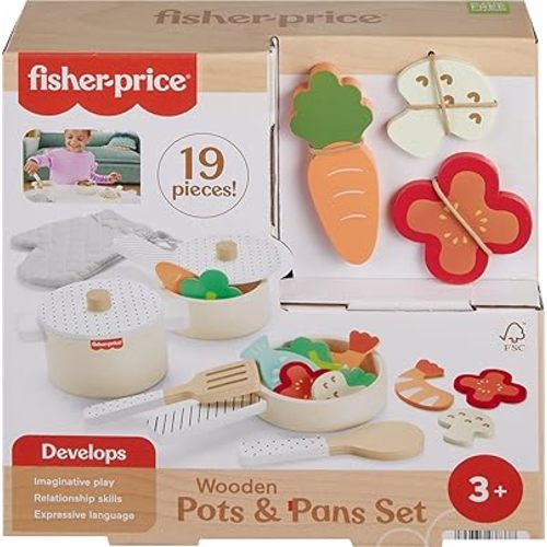 Fisher-Price Wood Kitchen Pretend Play Toy Pots & Pans Set, 19-Piece Playset Wooden, Metal & Fabric for Preschool Kids Ages 3+ Years