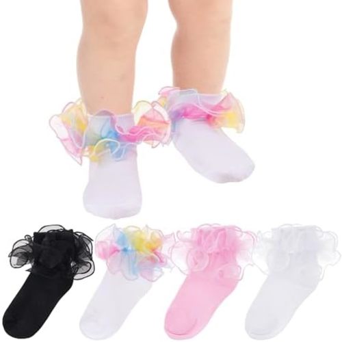 Topbuti 4 Pairs Baby Girls Ruffle Socks Double Lace Frilly Turn Cuff Cotton Dress Socks for Toddler Kids