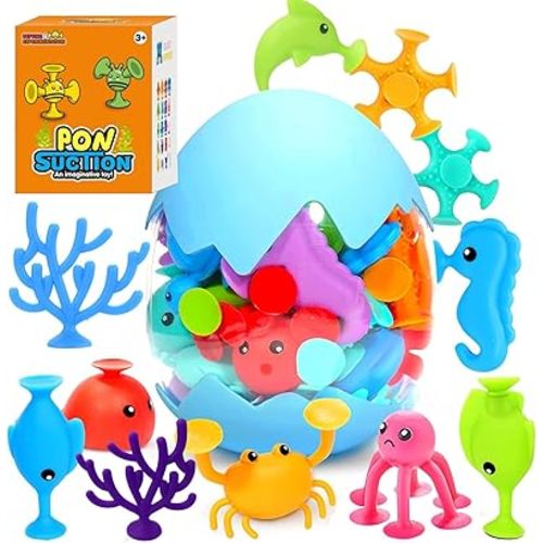Suction Bath Toys 30pcs for Kids - Fine Motor Window Toys, Silicone Ocean Animal Suction Cup Toys with Dinosaur Eggshell, Sensory Travel Toys for Toddlers, Great for Autism/ADD/ADHD.