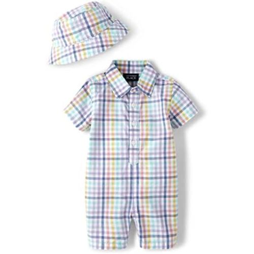 The Children's Place baby-boys And Newborn Woven Plaid Romper and Hat 2-piece Set