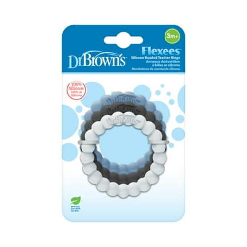Dr. Brown's Flexees Beaded Teether Rings, 100% Silicone, Soft & Easy to Hold, Encourages Self-Soothing, Black/Blue/Light Blue, BPA Free, 3m+ – 3-Pack