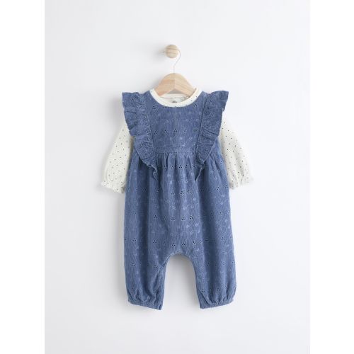Navy Blue Broderie Baby Corduroy 100% Cotton Dungarees and Long Sleeve Bodysuit Set (0mths-2yrs)