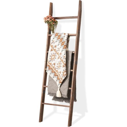 Blanket Ladder for The Living Room 6-Tier, Wooden Decorative Quilt Holder for Bed Room, Wall-Leaning Wood Towel Rack for Bathroom，Rustic Farmhouse Ladders for Display. (Washed Brown)