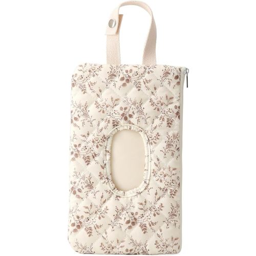 Quilted Baby Wipe Holder Floral Quilted Diaper Pouch Portable Mommy Bag for Travel Stroller Daily Casual (Beige)
