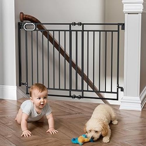 Grownsy No Bottom Bar Baby Gate for Stairs, Adjustable Width 32” to 48” for Child and Pet, Dog Gate with Auto-Close & One-Hand Operation, Hardware-Mounted Installation for Doorways and Indoor,Black